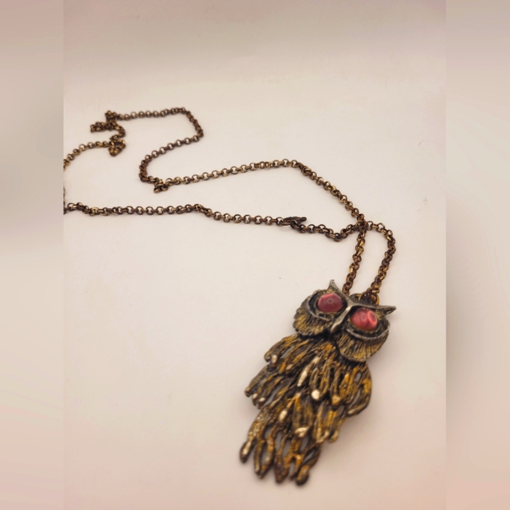 Vintage Brass Articulated Owl Necklace With Pink Rhinestone Eyes